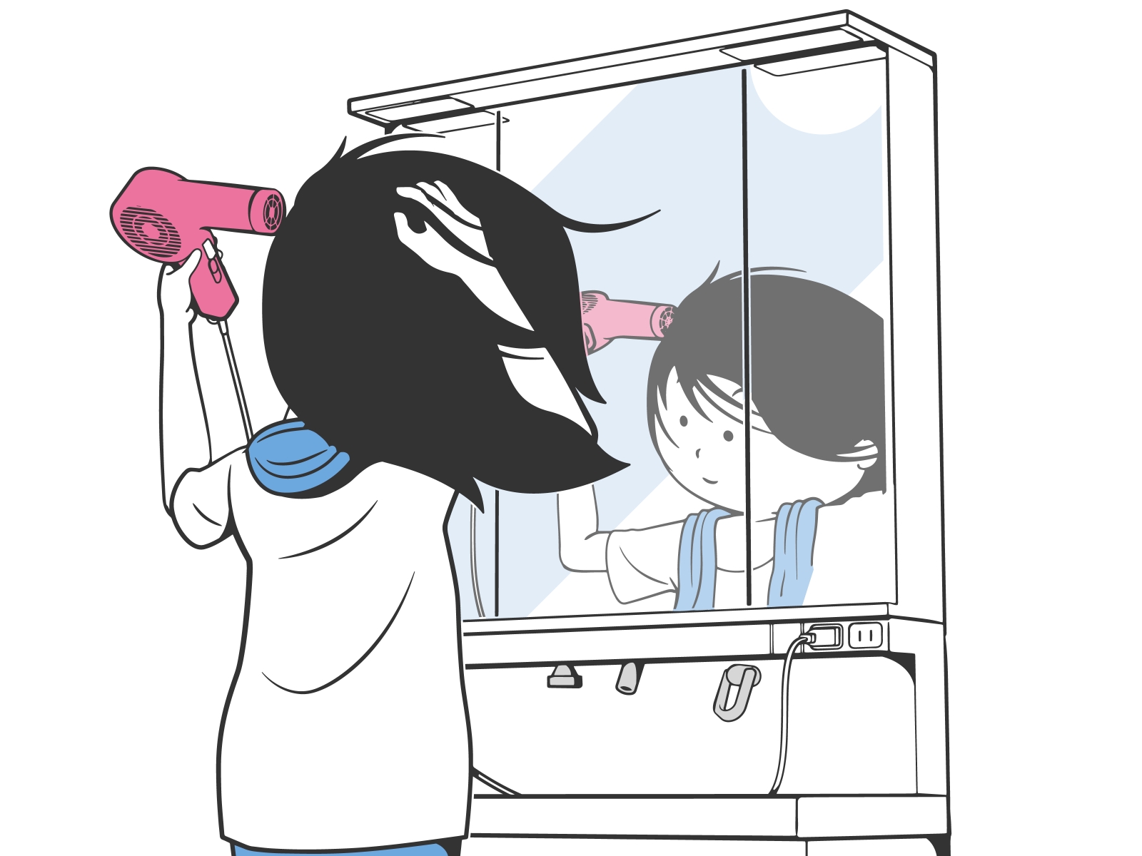 洗面台の前で髪を乾かす人